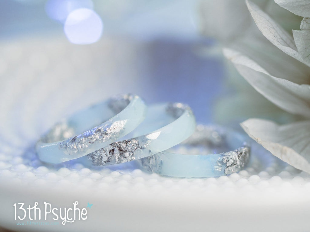 Handmade Pastel blue faceted resin ring with silver flakes - 13th Psyche