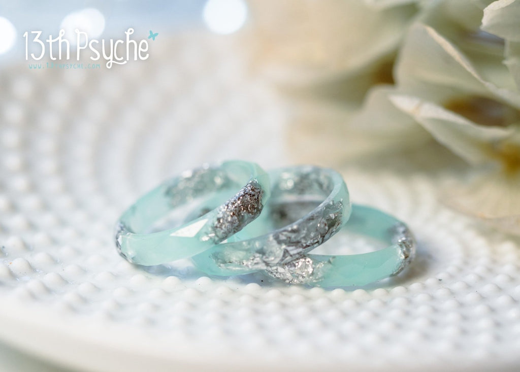 Handmade Pastel green mint and silver flakes faceted resin ring - 13th Psyche