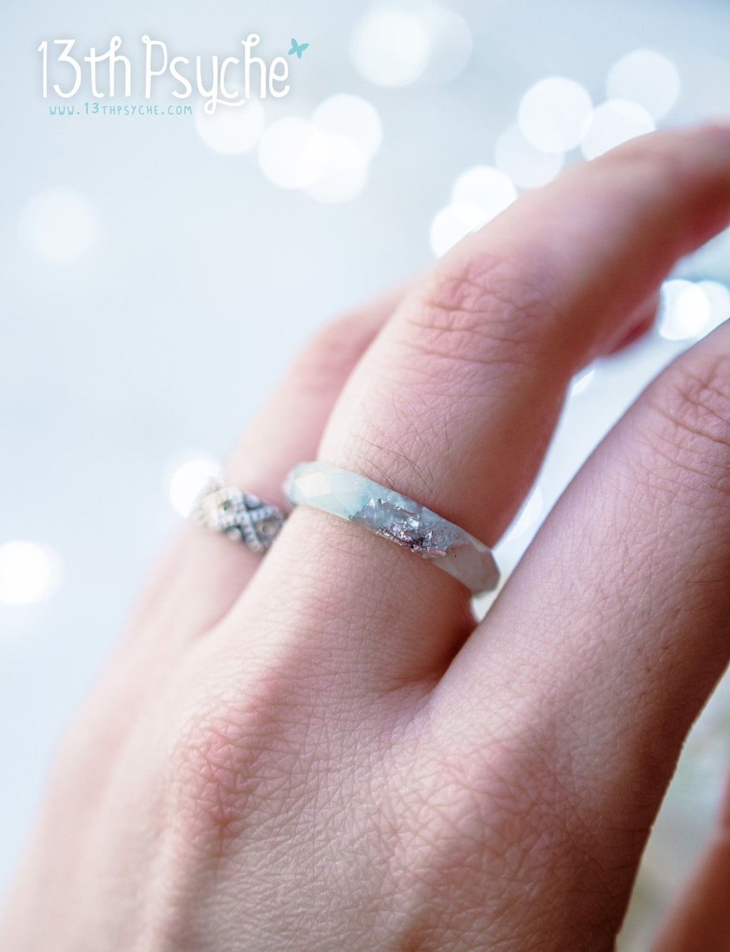 Handmade Pastel blue faceted resin ring with silver flakes - 13th Psyche