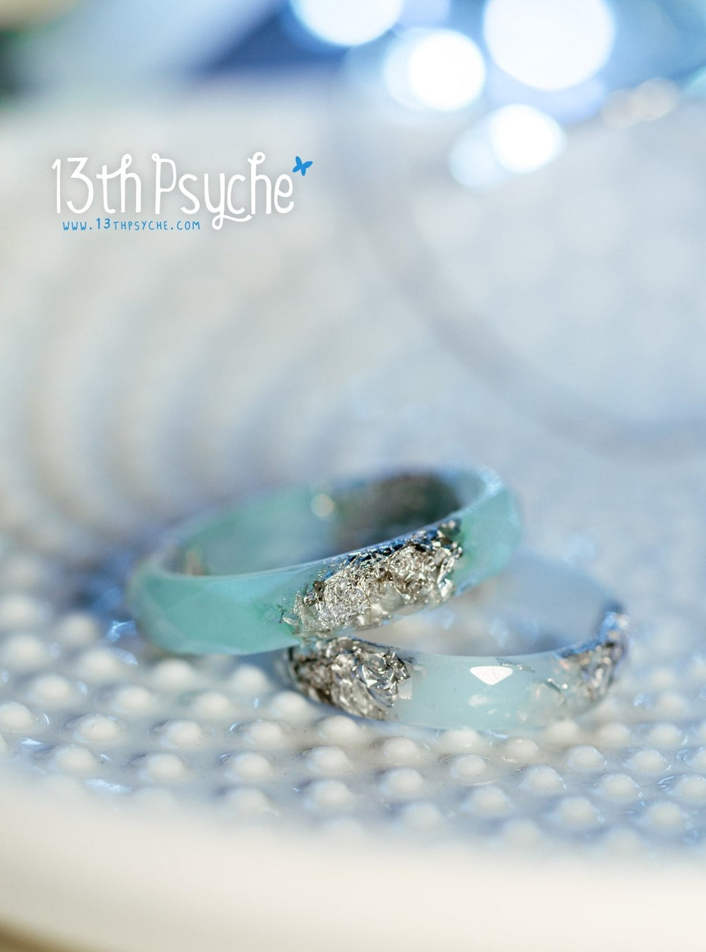 Handmade Pastel green mint and silver flakes faceted resin ring - 13th Psyche