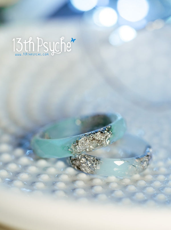 Handmade Pastel green mint and silver flakes faceted resin ring - 13th Psyche