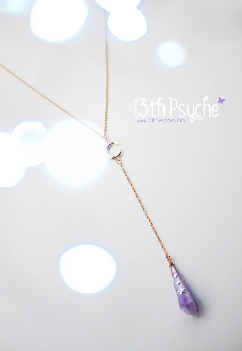 Handmade Purple raw stone and moon lariat necklace - 13th Psyche