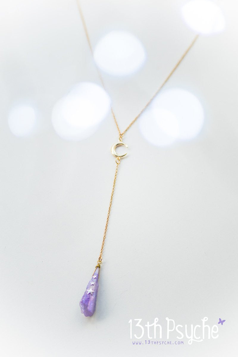 Handmade Purple raw stone and moon lariat necklace - 13th Psyche
