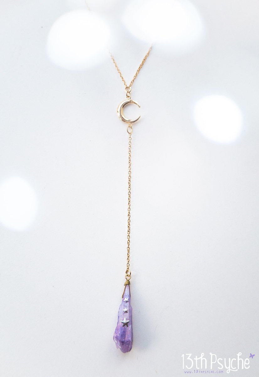Handmade Purple raw stone and moon lariat necklace - 13th Psyche