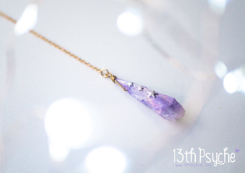 Handmade Purple raw stone and moon lariat necklace - 13th Psyche