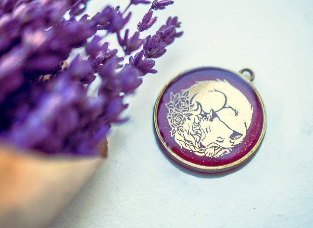 Handmade Gold sleeping fox resin pendant necklace - 13th Psyche