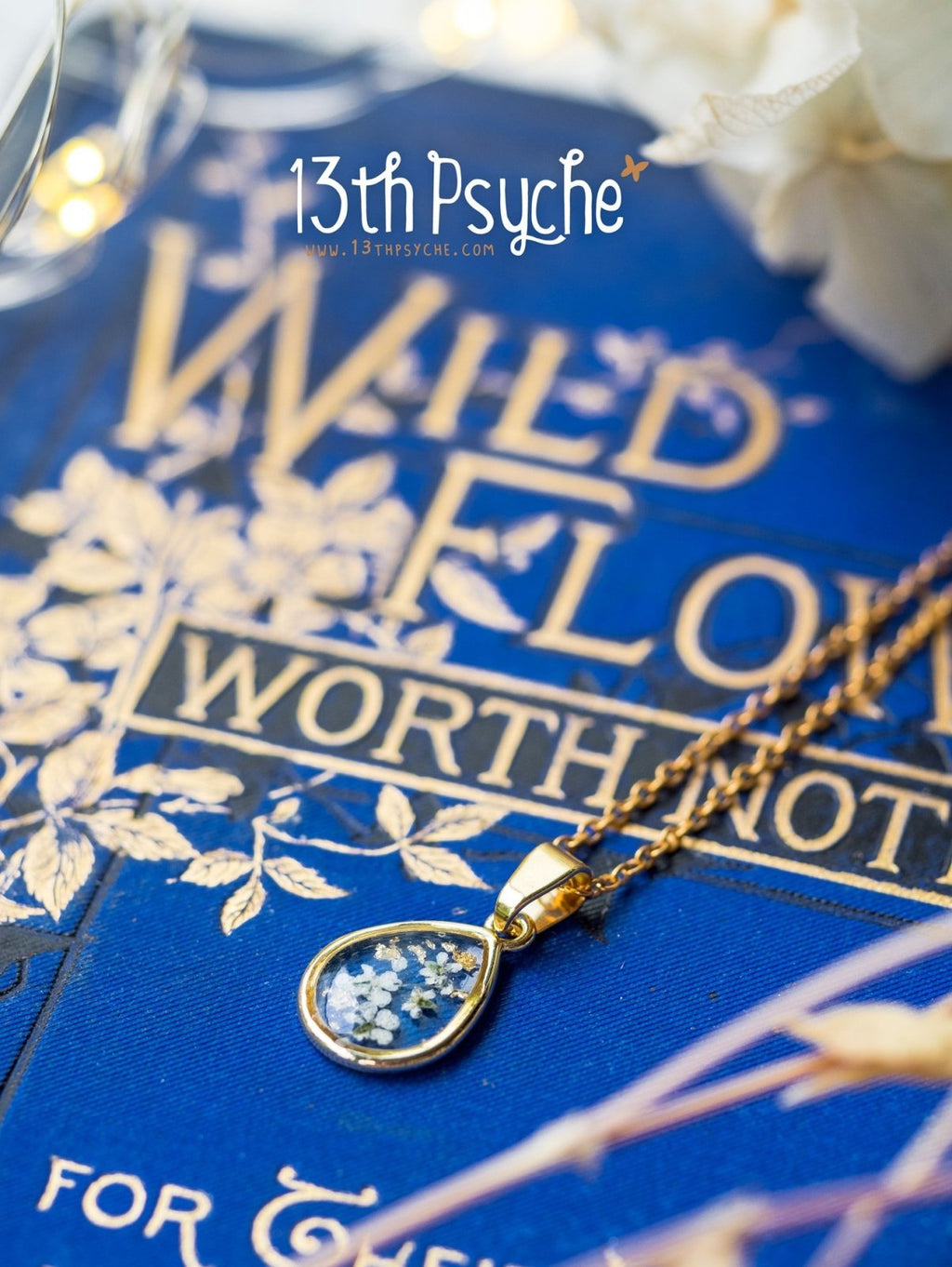 Handmade Dried white flowers and gold flakes resin teardrop pendant necklace - 13th Psyche