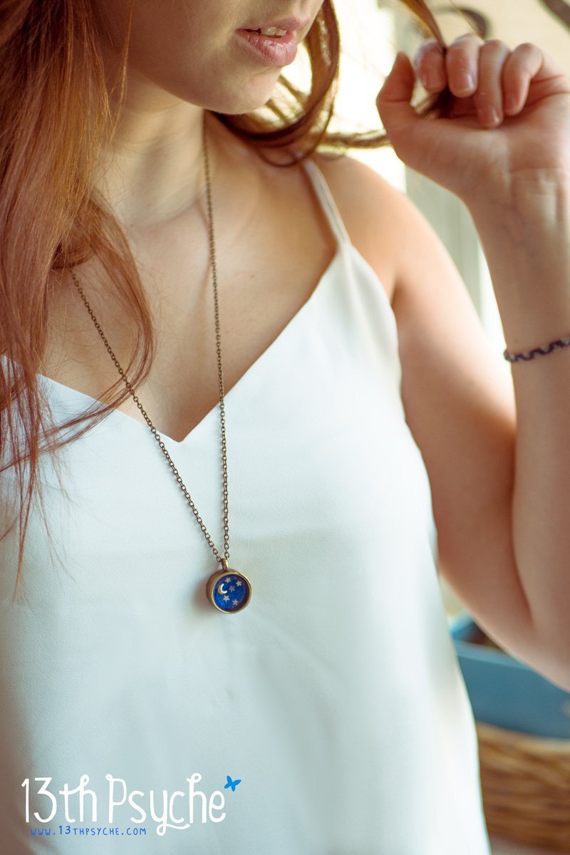 Handmade Little moon and stars resin cameo necklace - 13th Psyche