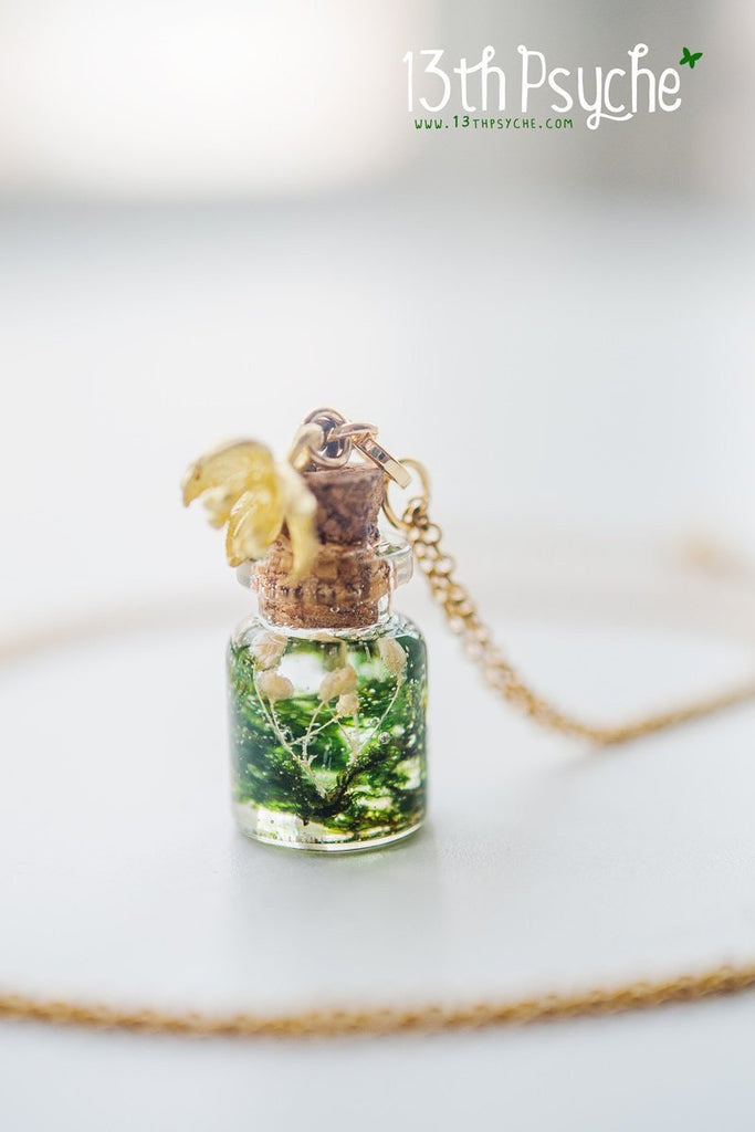 Handmade Tiny real moss bottle pendant necklace - 13th Psyche