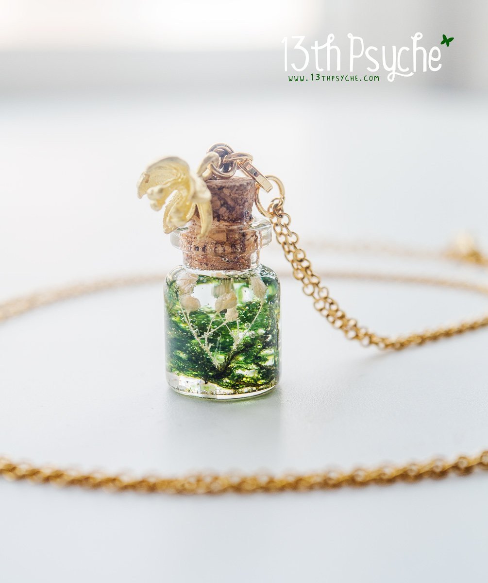 Handmade Tiny real moss bottle pendant necklace - 13th Psyche