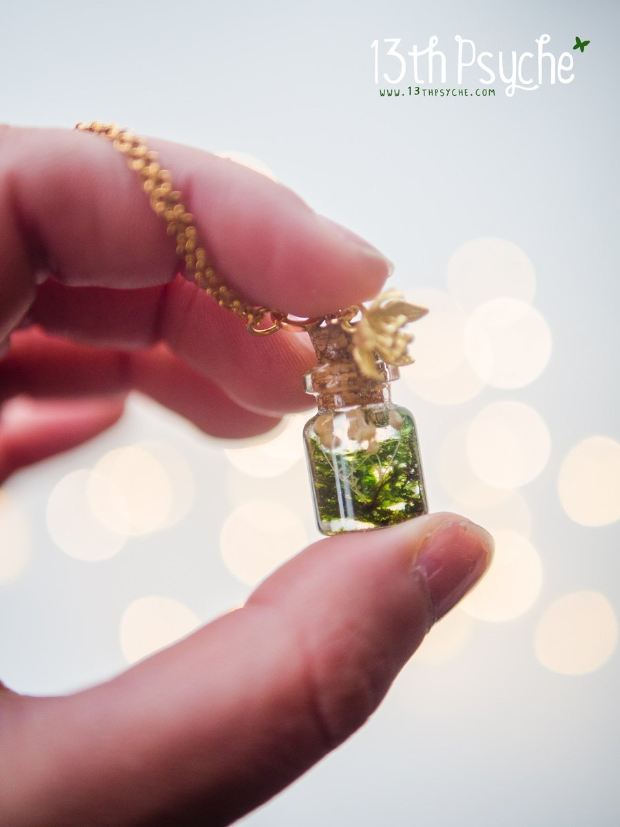 Handmade Tiny real moss bottle pendant necklace - 13th Psyche
