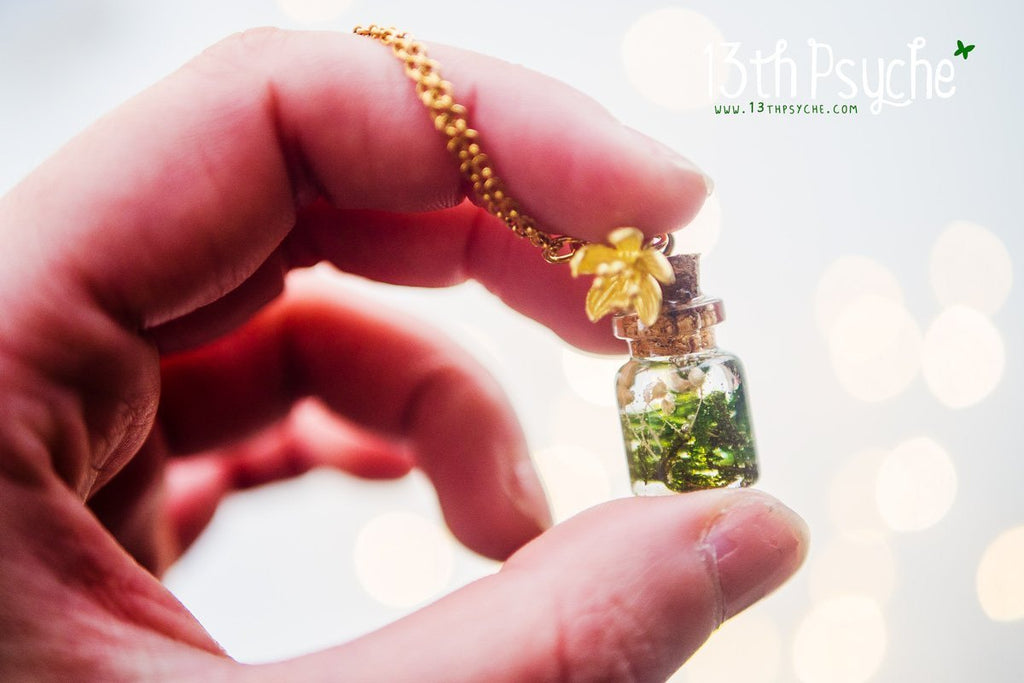 Handmade Tiny real moss bottle pendant necklace - 13th Psyche