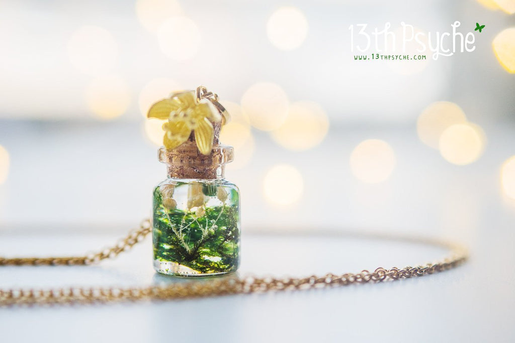 Handmade Tiny real moss bottle pendant necklace - 13th Psyche