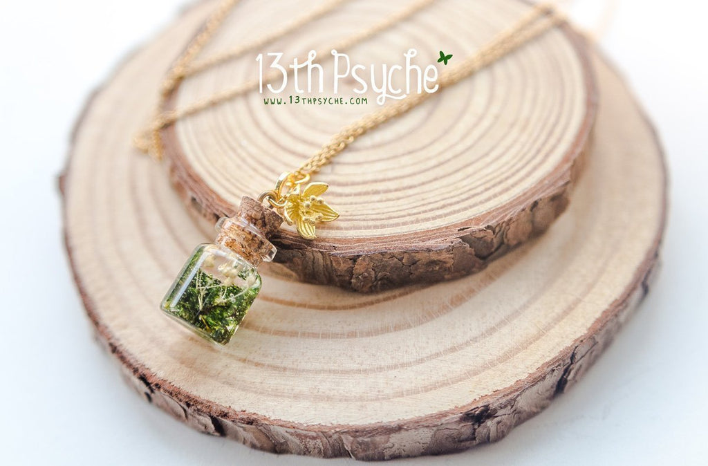 Handmade Tiny real moss bottle pendant necklace - 13th Psyche