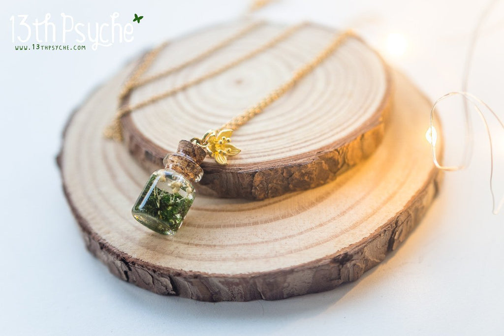 Handmade Tiny real moss bottle pendant necklace - 13th Psyche