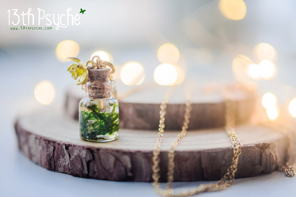 Handmade Tiny real moss bottle pendant necklace - 13th Psyche