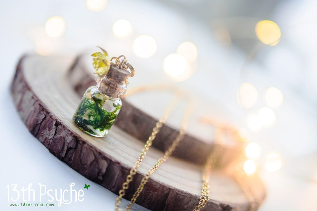 Handmade Tiny real moss bottle pendant necklace - 13th Psyche
