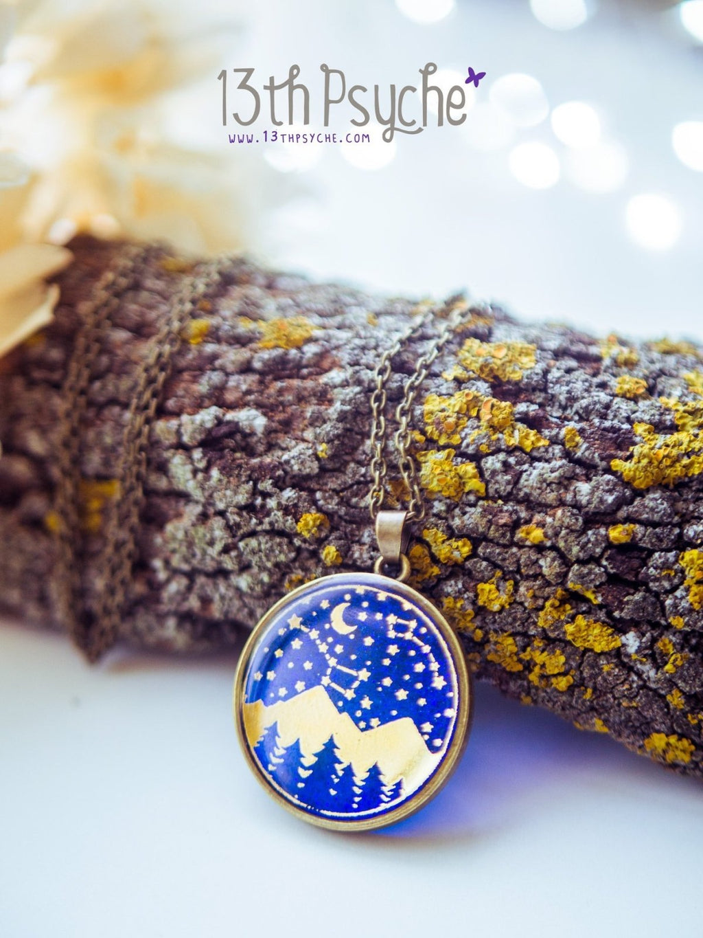 Handmade Wanderlust, stars and mountains cameo pendant necklace - 13th Psyche