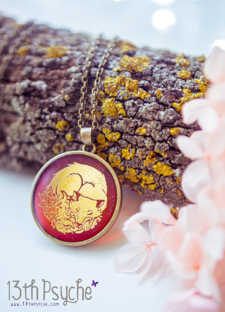 Handmade Gold sleeping fox resin pendant necklace - 13th Psyche