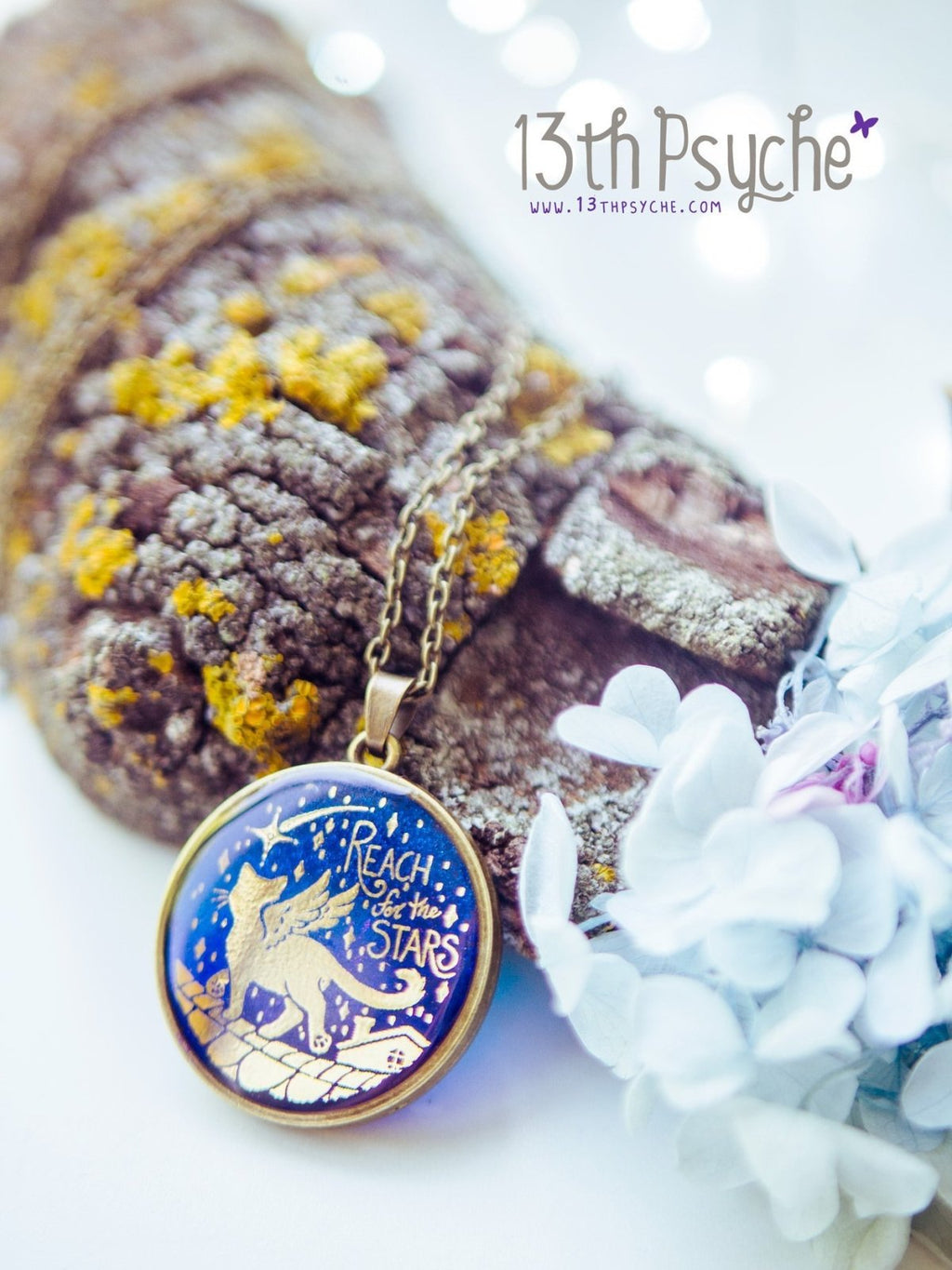 Handmade Inspirational "Reach for the stars" winged cat cameo necklace - 13th Psyche