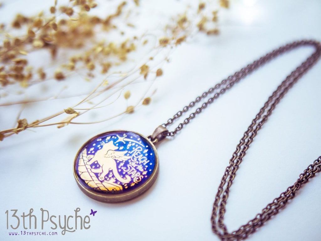 Handmade Inspirational "Reach for the stars" winged cat cameo necklace - 13th Psyche