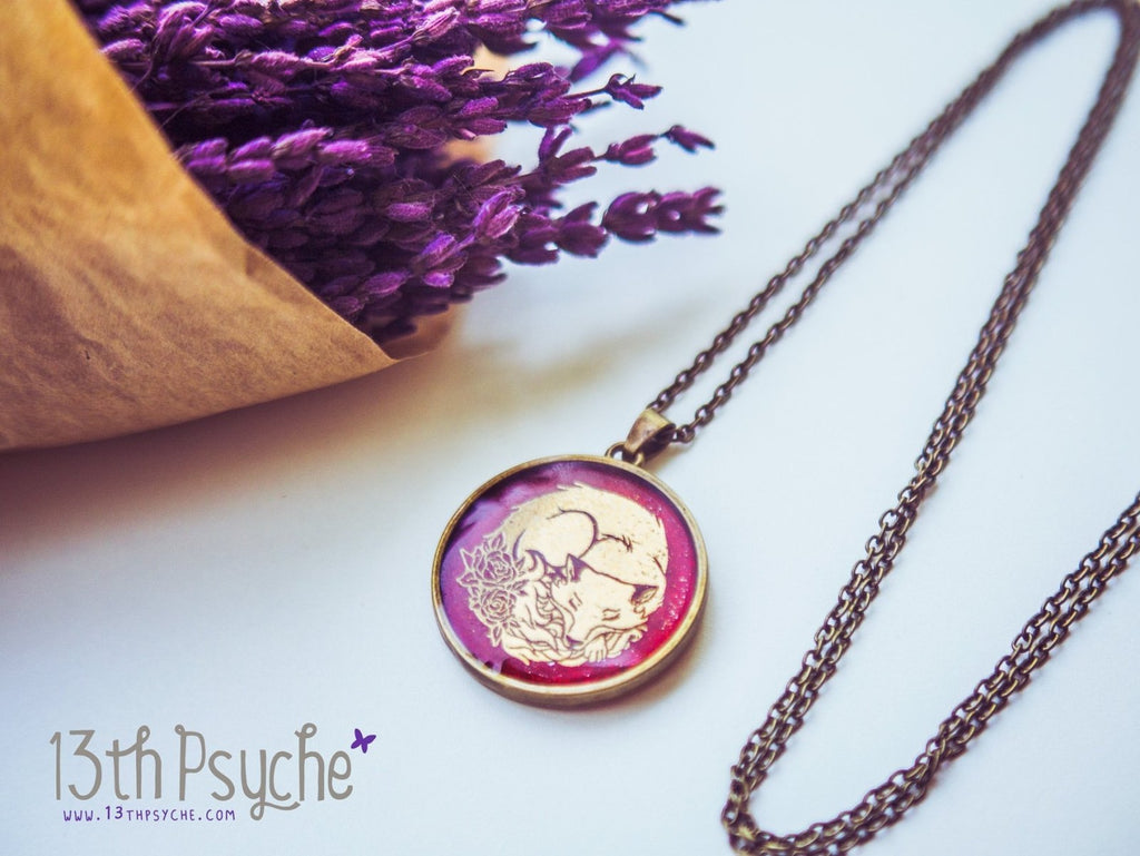 Handmade Gold sleeping fox resin pendant necklace - 13th Psyche