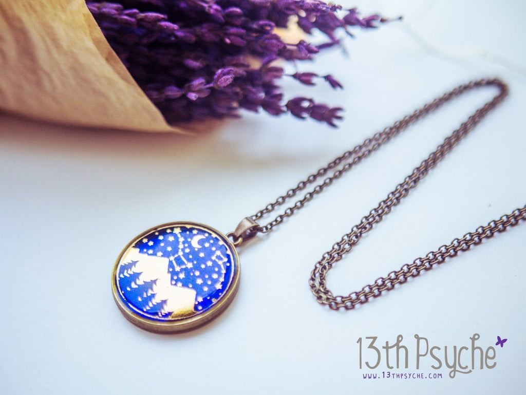 Handmade Wanderlust, stars and mountains cameo pendant necklace - 13th Psyche