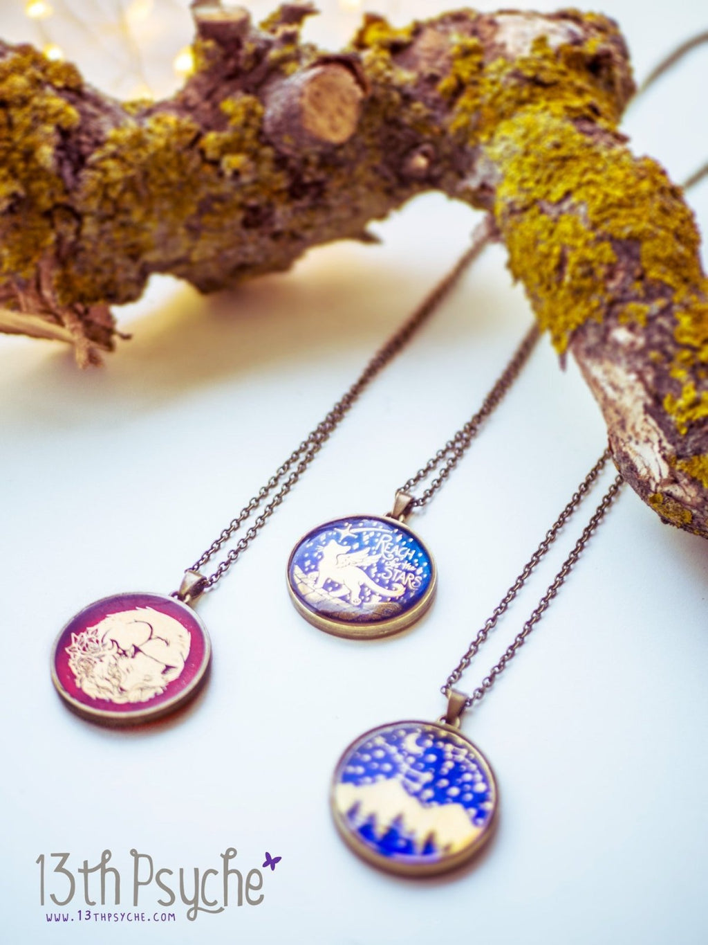 Handmade Wanderlust, stars and mountains cameo pendant necklace - 13th Psyche
