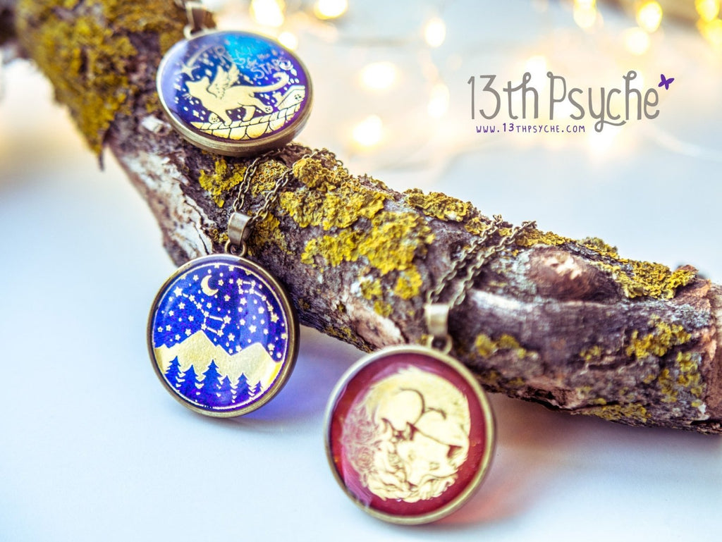 Handmade Wanderlust, stars and mountains cameo pendant necklace - 13th Psyche