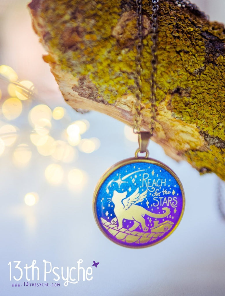 Handmade Inspirational "Reach for the stars" winged cat cameo necklace - 13th Psyche