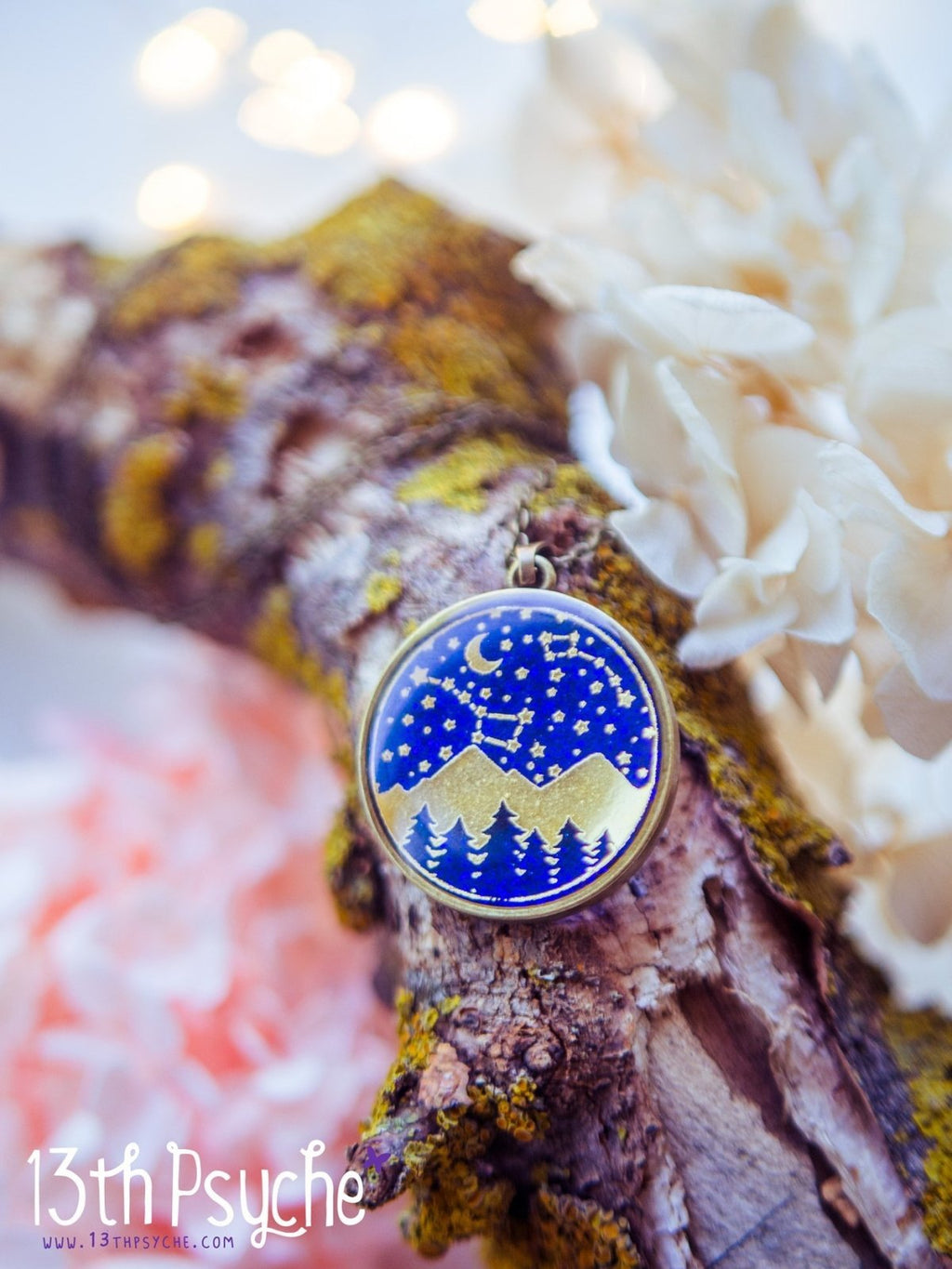Handmade Wanderlust, stars and mountains cameo pendant necklace - 13th Psyche