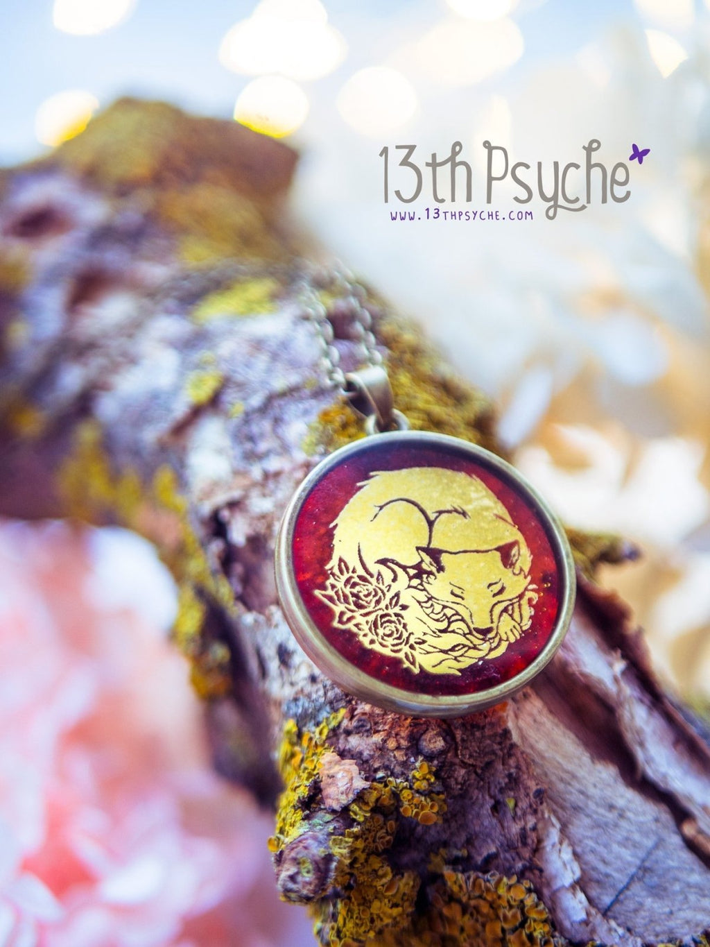 Handmade Gold sleeping fox resin pendant necklace - 13th Psyche