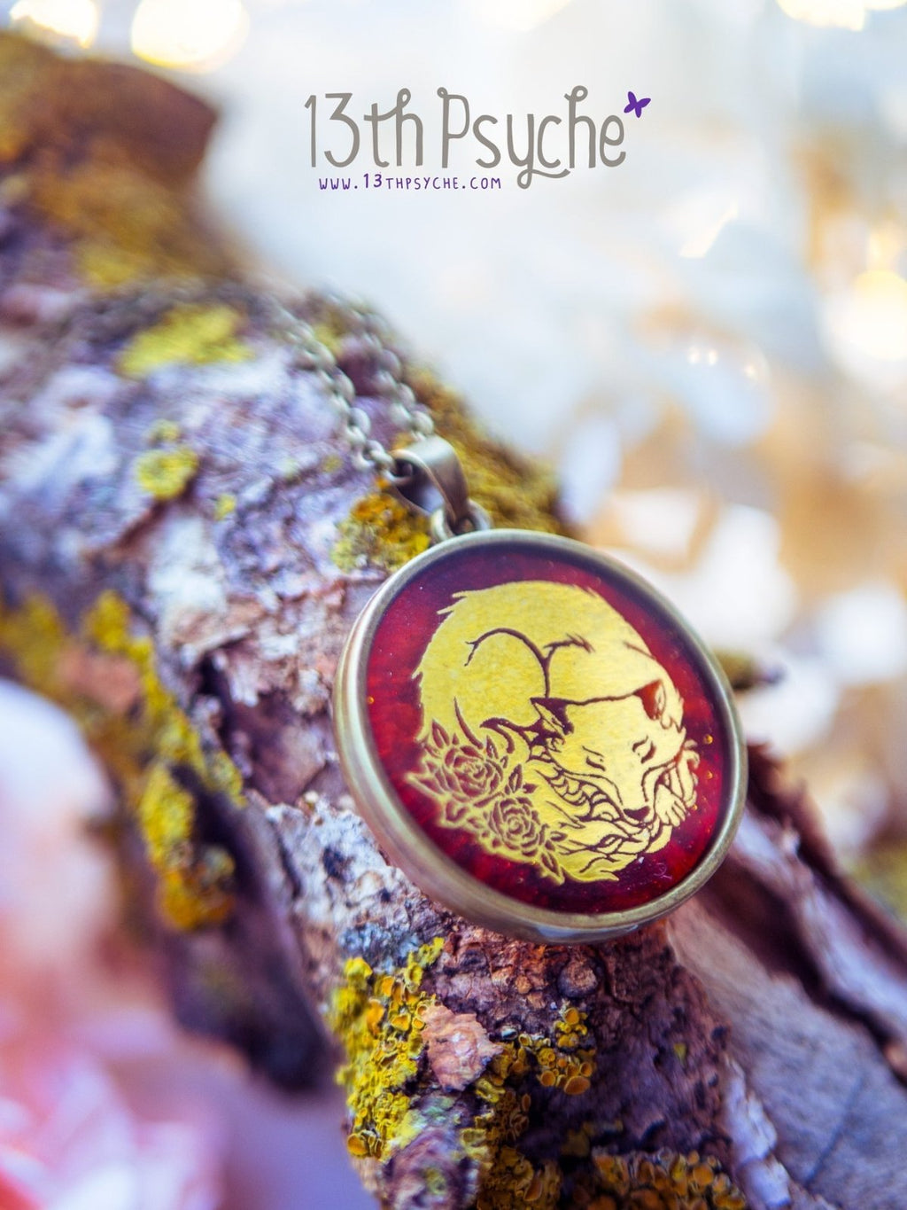 Handmade Gold sleeping fox resin pendant necklace - 13th Psyche