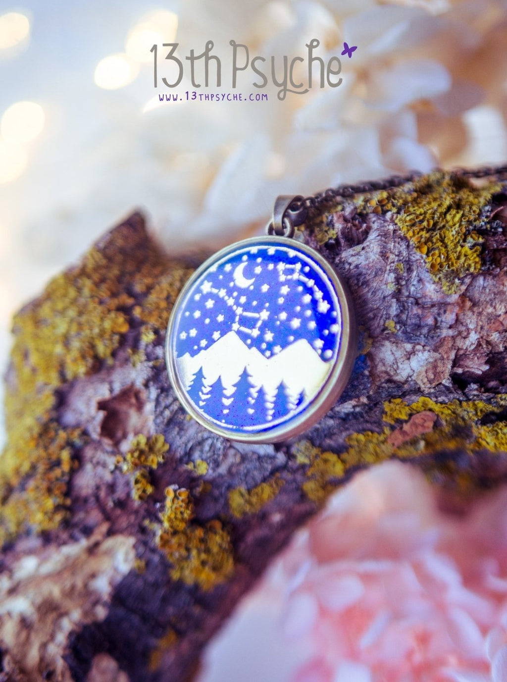 Handmade Wanderlust, stars and mountains cameo pendant necklace - 13th Psyche
