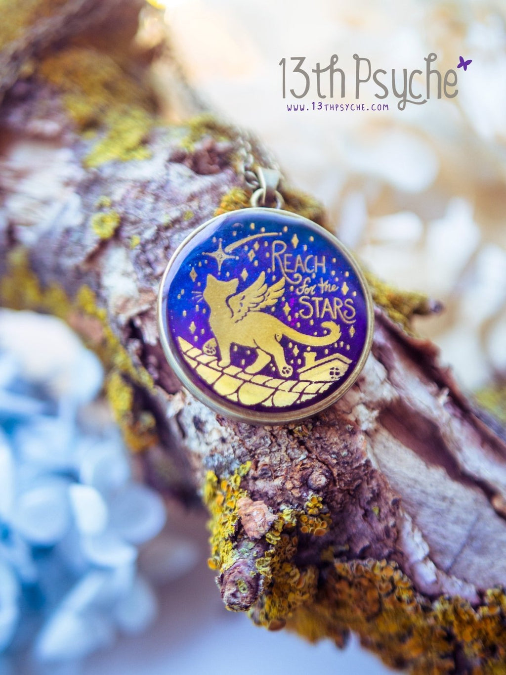 Handmade Inspirational "Reach for the stars" winged cat cameo necklace - 13th Psyche