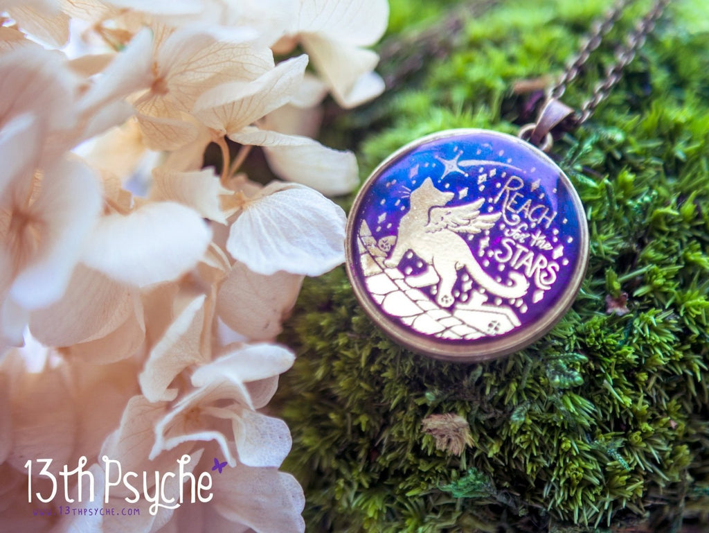 Handmade Inspirational "Reach for the stars" winged cat cameo necklace - 13th Psyche