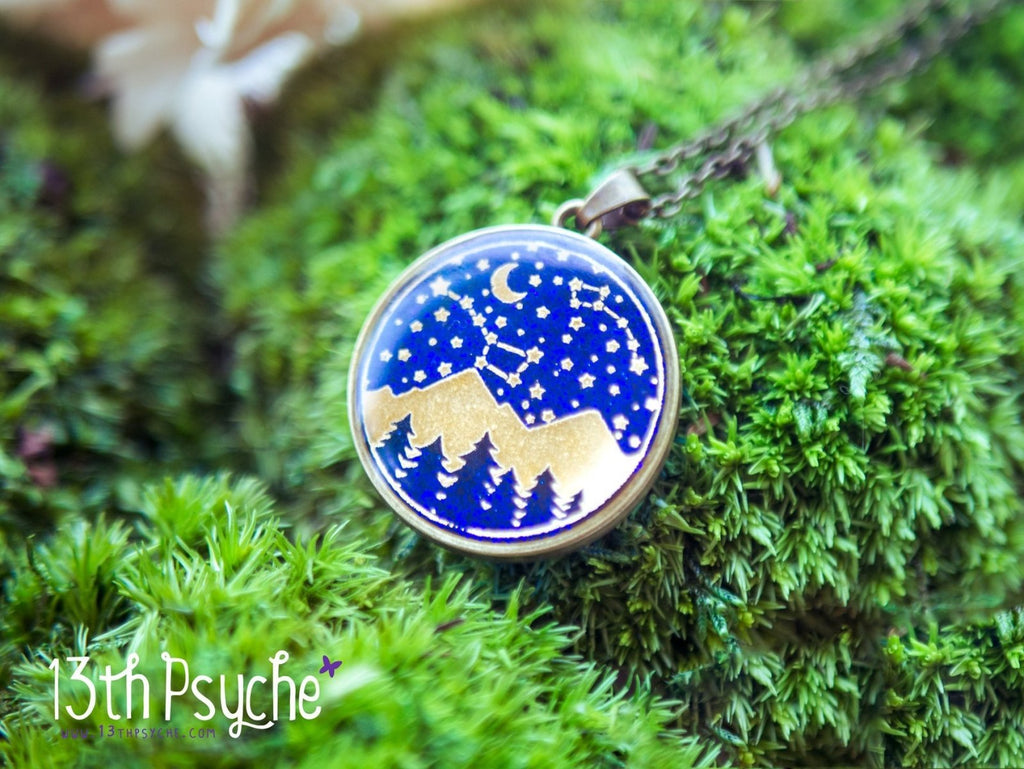 Handmade Wanderlust, stars and mountains cameo pendant necklace - 13th Psyche