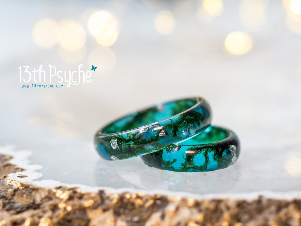 Handmade Real moss ocean ring, mermaid inspired ring - 13th Psyche