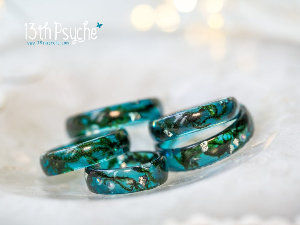 Handmade Real moss ocean ring, mermaid inspired ring - 13th Psyche