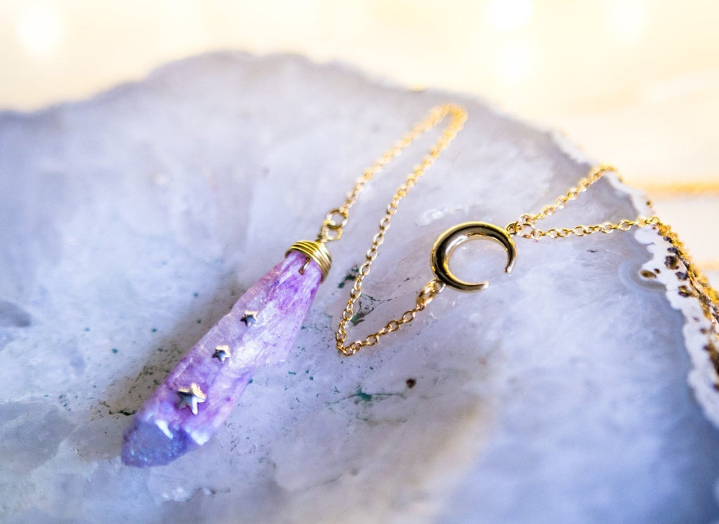 Handmade Purple raw stone and moon lariat necklace - 13th Psyche