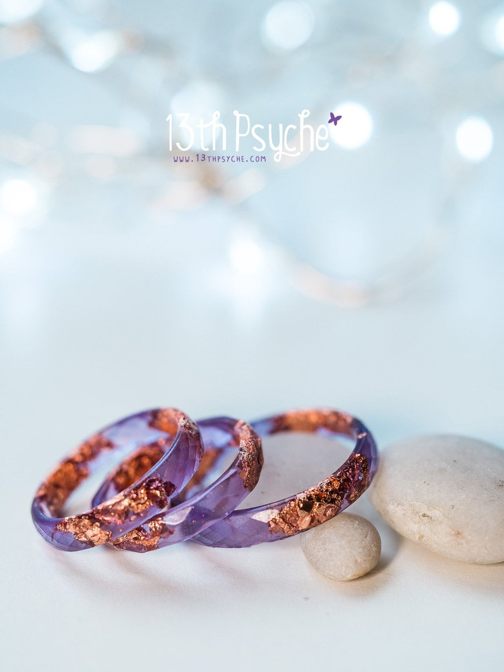 Handmade Purple and rose gold flakes faceted resin ring - 13th Psyche