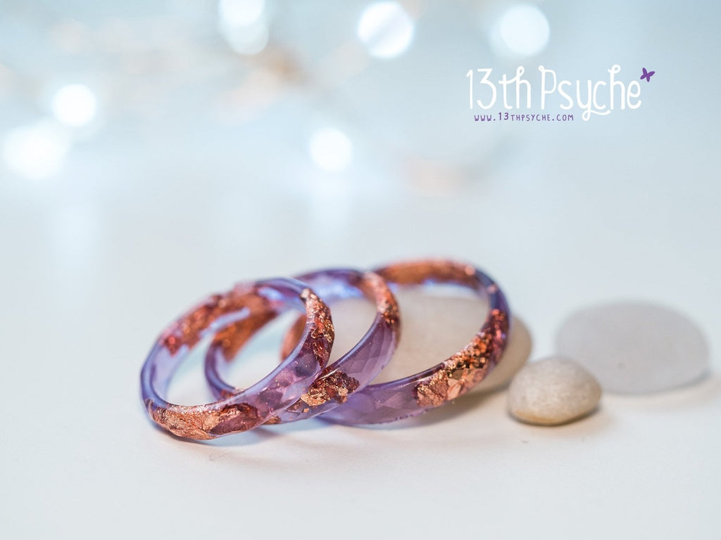 Handmade Purple and rose gold flakes faceted resin ring - 13th Psyche