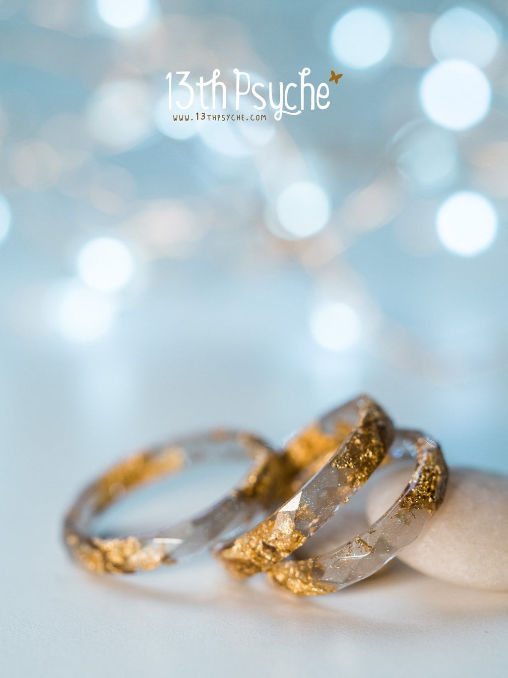 Handmade Grey and gold flakes faceted resin ring - 13th Psyche