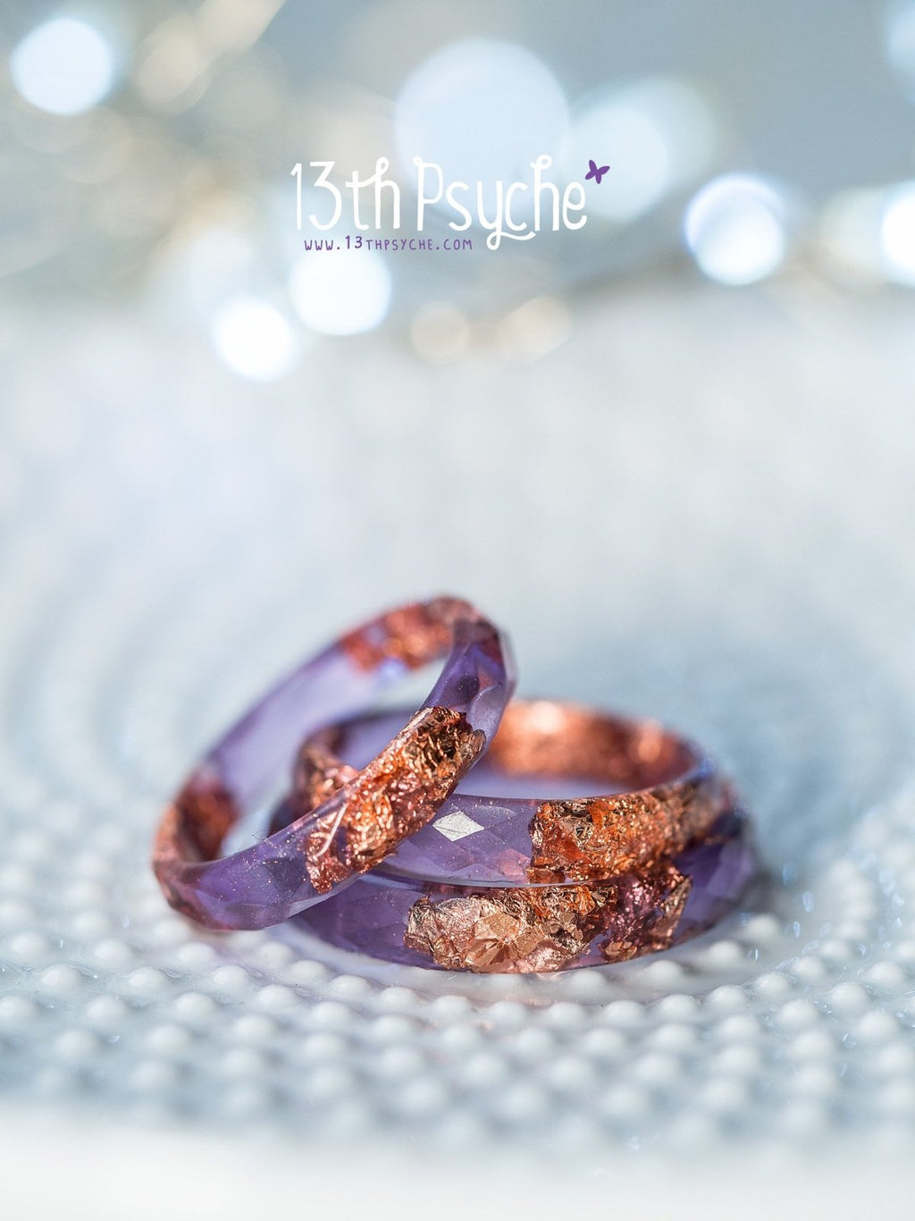 Handmade Purple and rose gold flakes faceted resin ring - 13th Psyche
