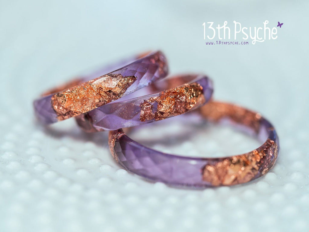 Handmade Purple and rose gold flakes faceted resin ring - 13th Psyche