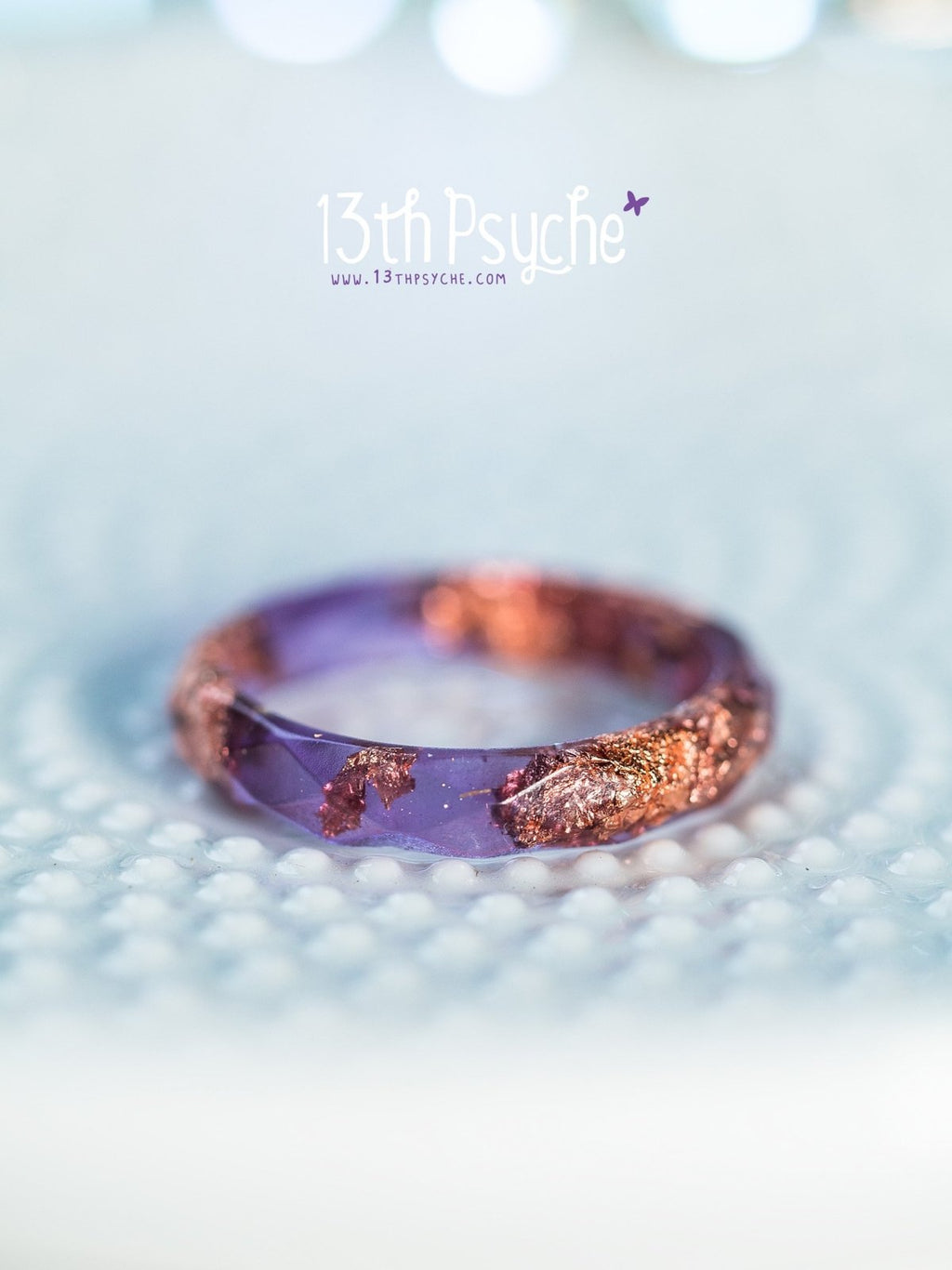 Handmade Purple and rose gold flakes faceted resin ring - 13th Psyche