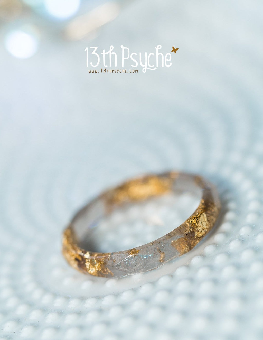 Handmade Grey and gold flakes faceted resin ring - 13th Psyche