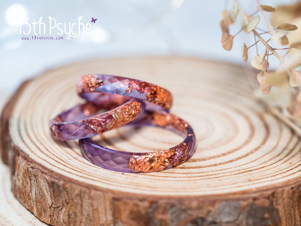 Handmade Purple and rose gold flakes faceted resin ring - 13th Psyche