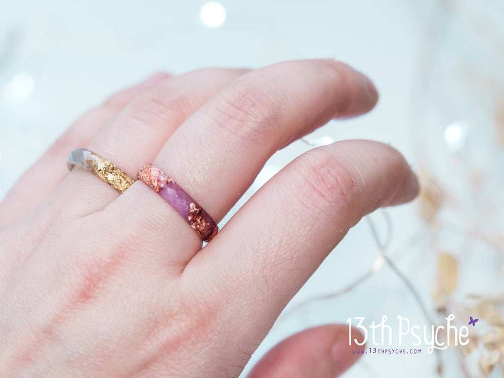 Handmade Purple and rose gold flakes faceted resin ring - 13th Psyche