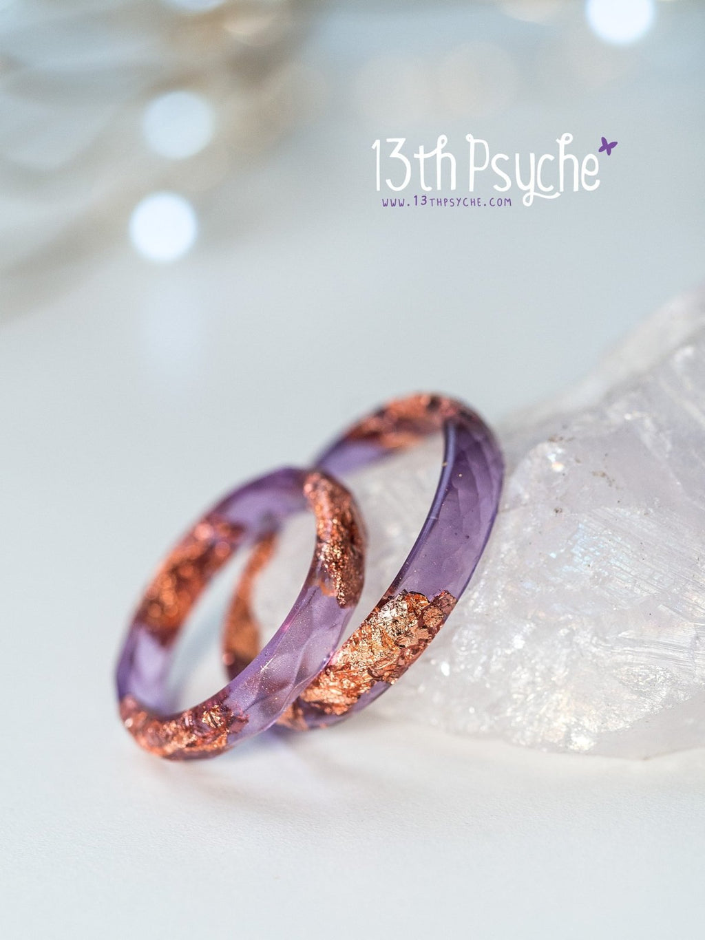 Handmade Purple and rose gold flakes faceted resin ring - 13th Psyche